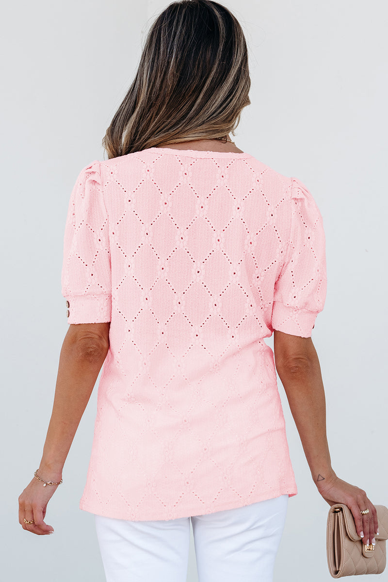 Flower Geometric Textured Button Short Sleeve Top