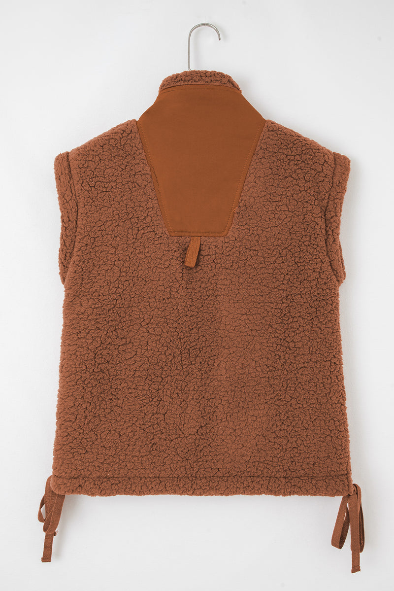Faux Fur Snap Button Front Knot Side Plush Vest with Pockets