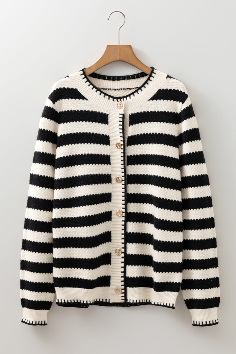 Solid Stripe Chic Golden Button Cardigan Sweater