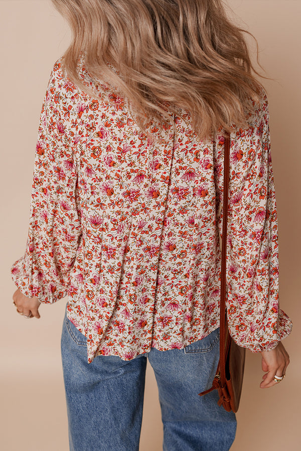 Floral Print Pleated Detail Notched Neck Puff Sleeve Blouse