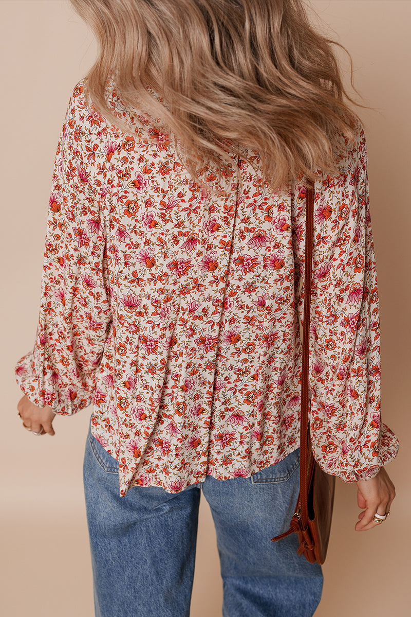 Floral Print Pleated Detail Notched Neck Puff Sleeve Blouse