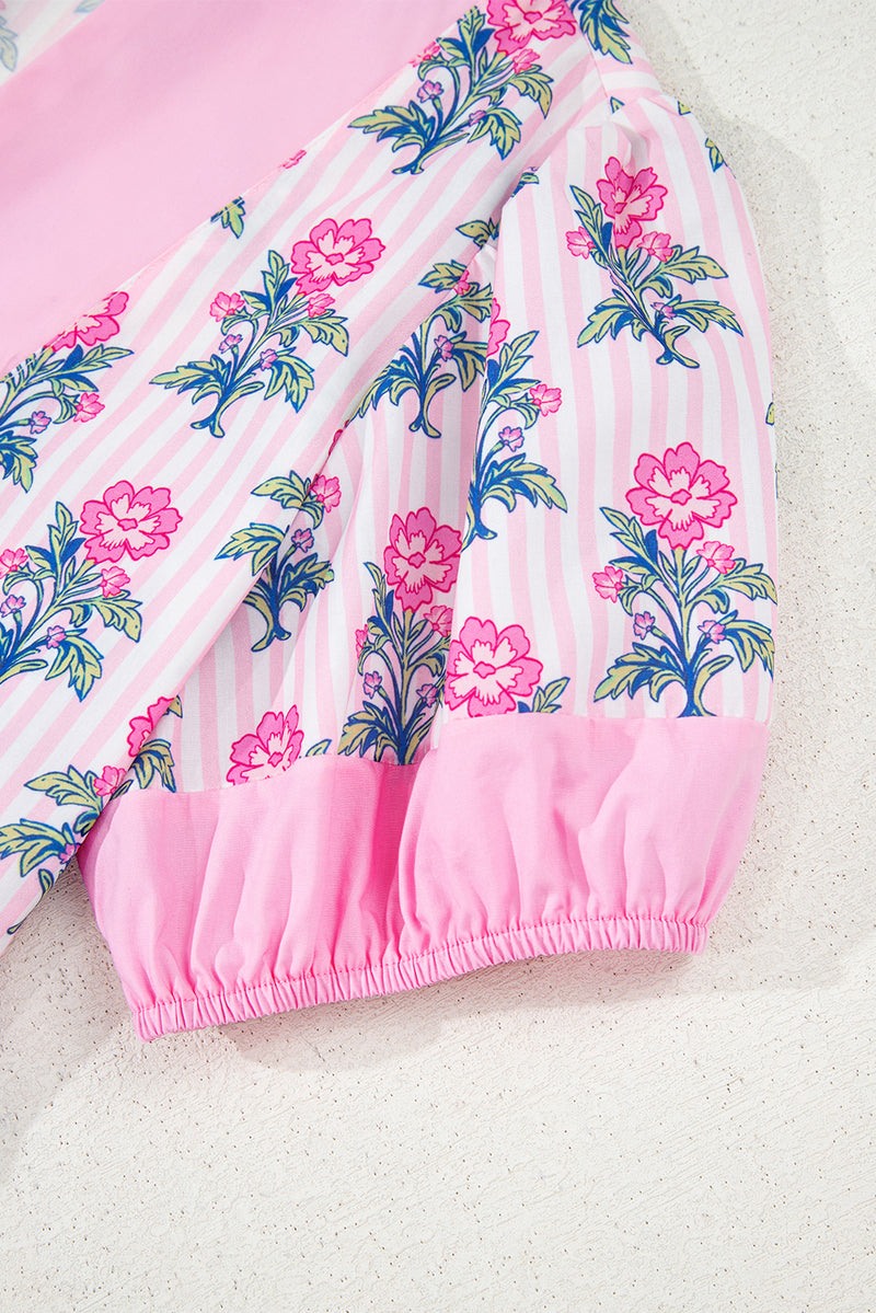 Floral Striped Print Contrast Patchwork Ruffle Hem Blouse