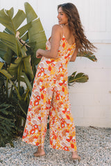 Floral V Neck Wide Leg Sleeveless Jumpsuit