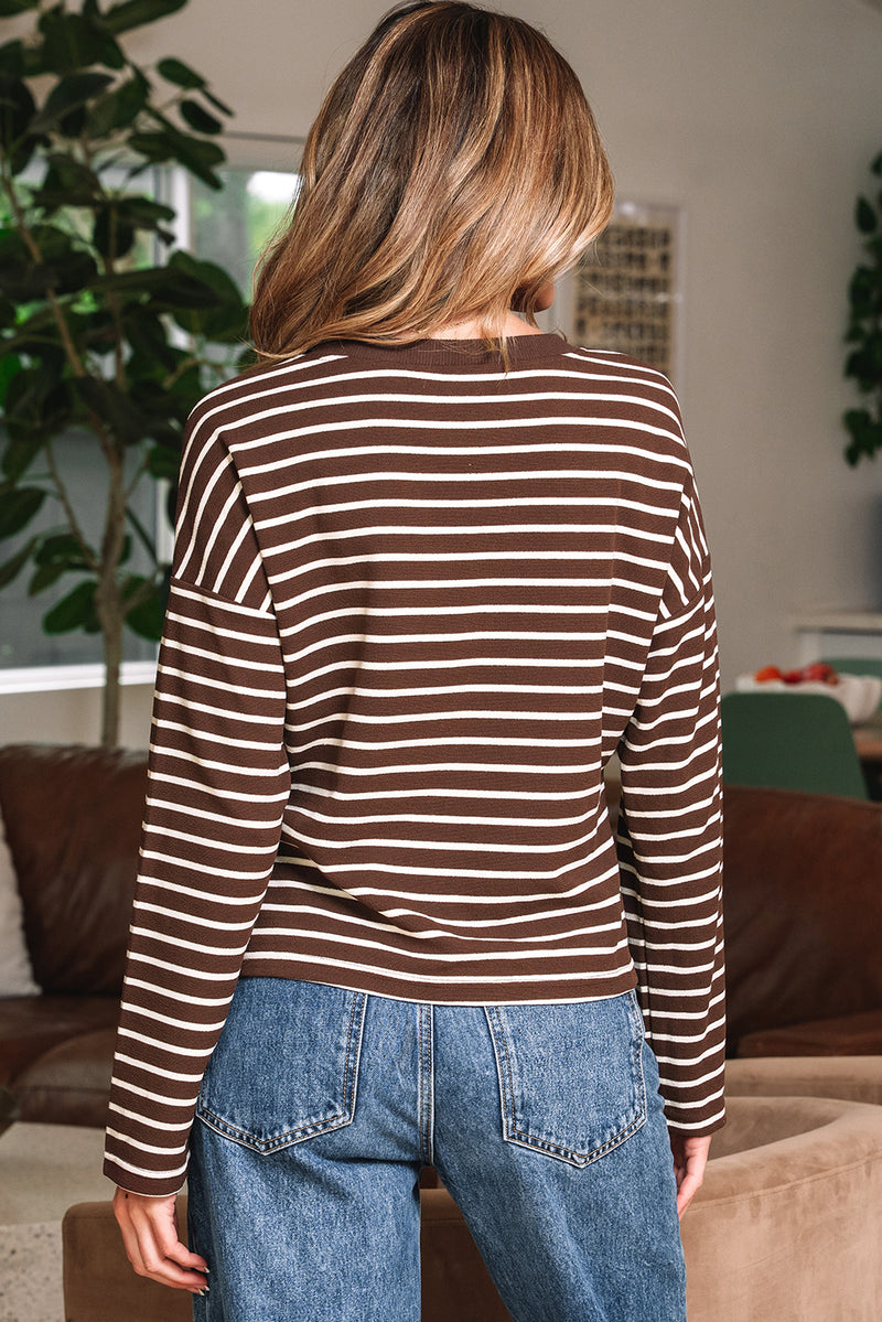 Stripe Ribbed Cropped Crew Neck Long Sleeve T Shirt