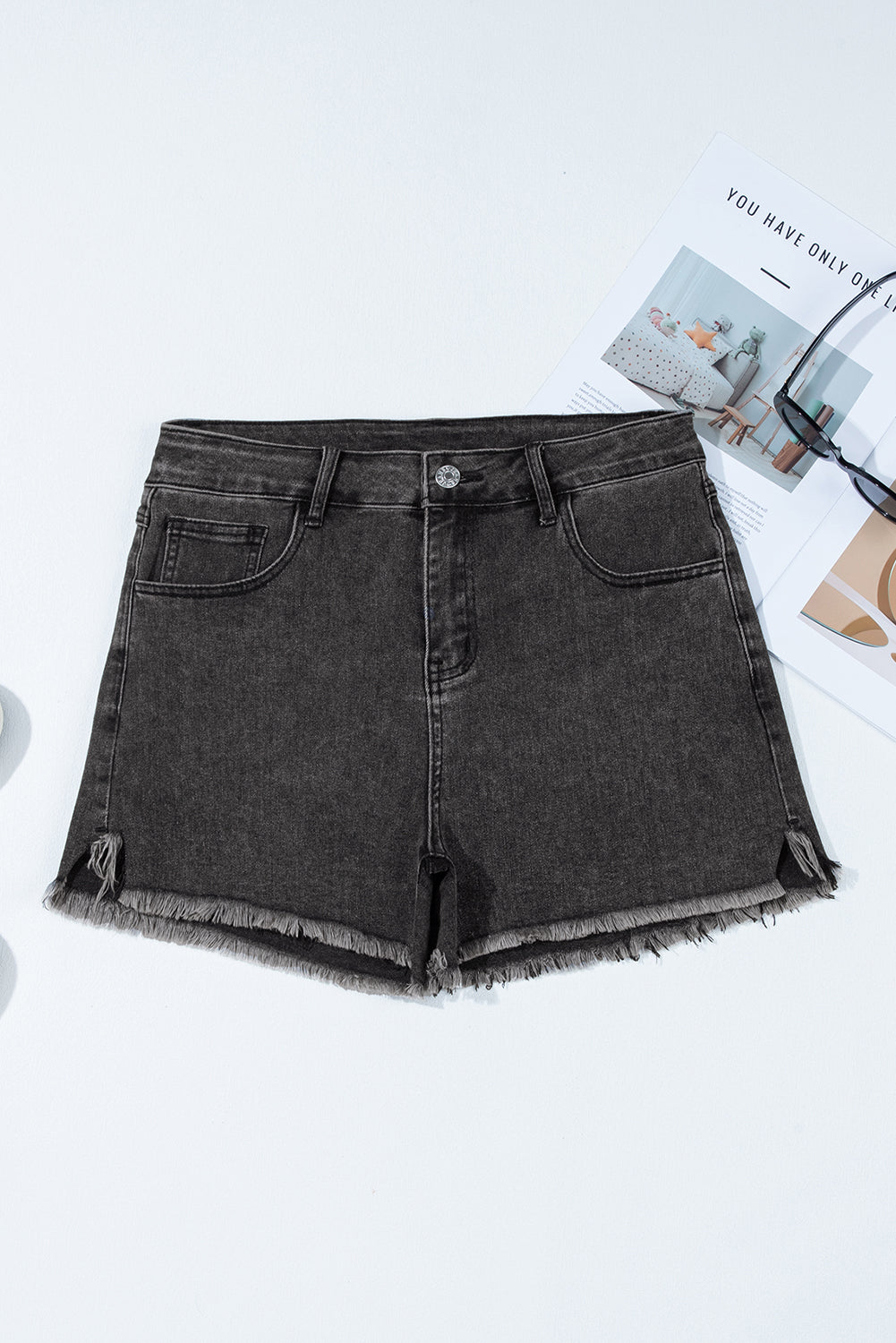Solid Raw Hem High Waist Denim Shorts
