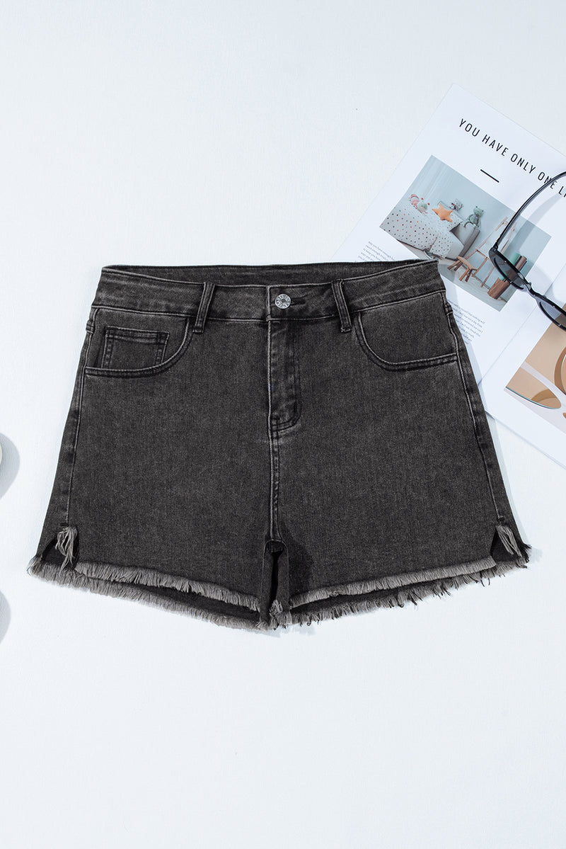 Solid Raw Hem High Waist Denim Shorts