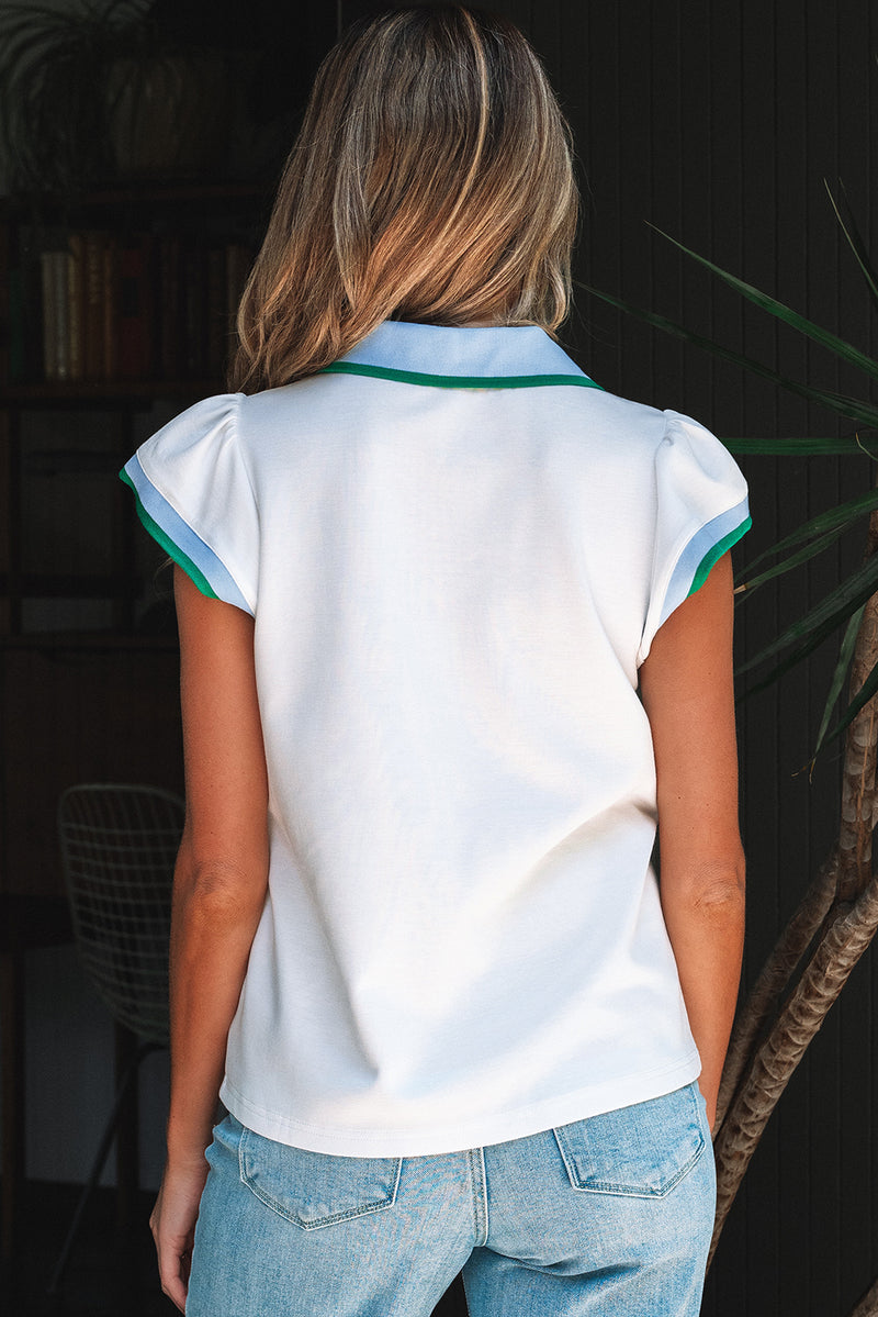 Color Contrast Ruffled Sleeve Collared V Neck Blouse