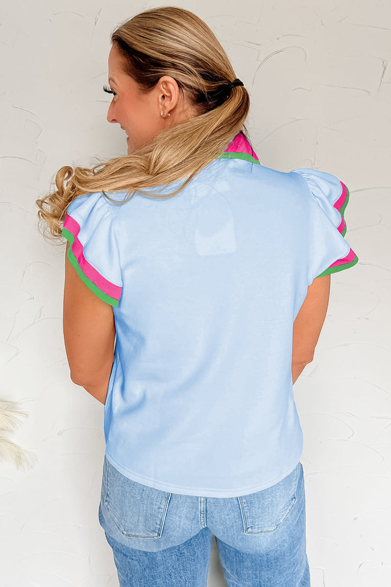 Color Contrast Ruffled Sleeve Collared V Neck Blouse