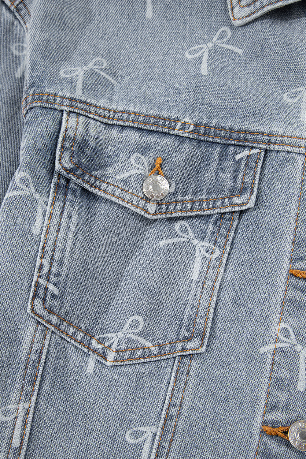 Bow Knot Print Light Wash Raw Hem Denim Jacket
