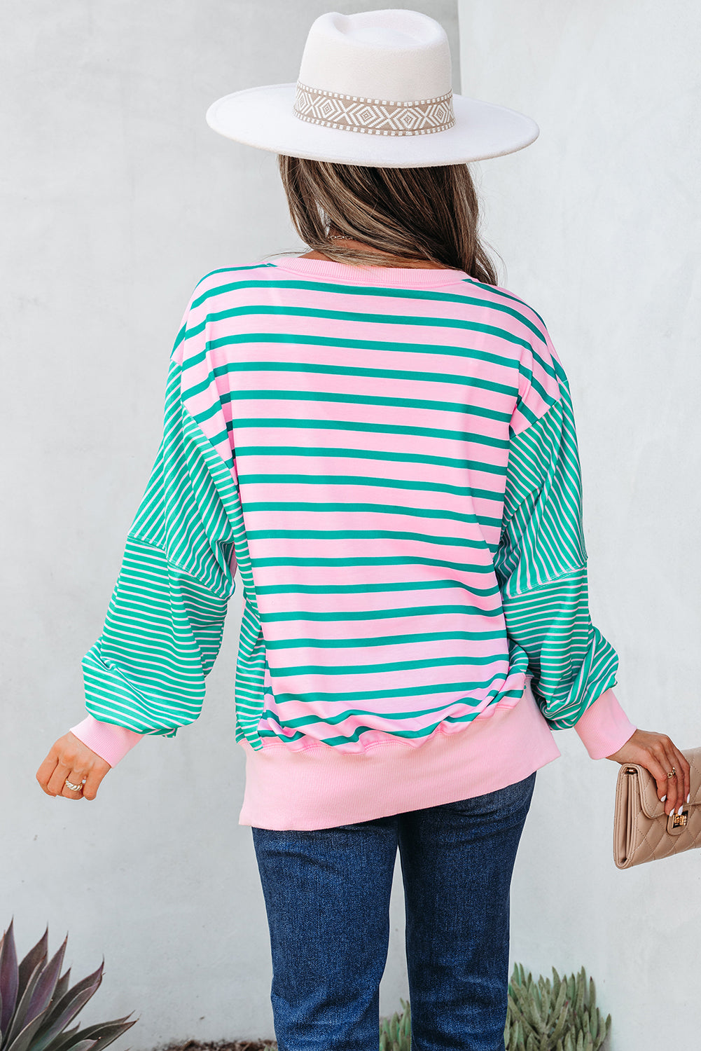 Stripe Mix Pattern Color Block Patchwork Side Slit Baggy Sweatshirt
