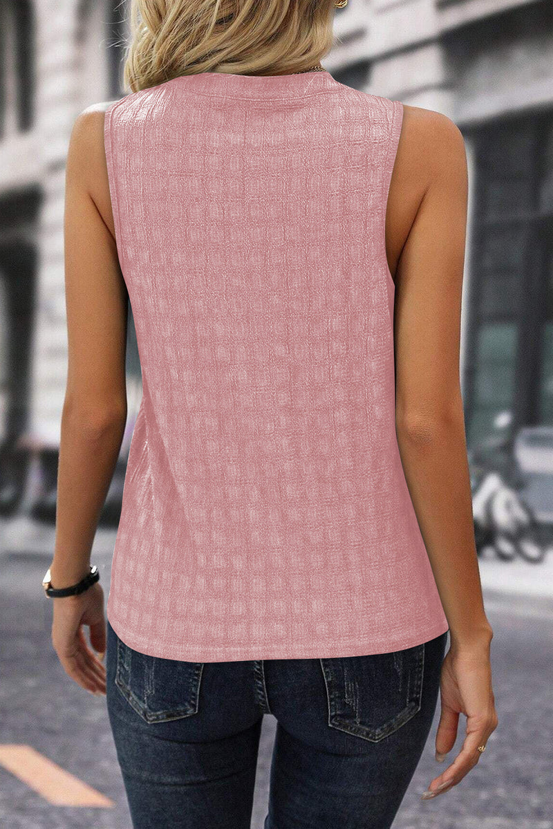 Sleeveless Blouse Lattice Textured Split Neck Tank Top