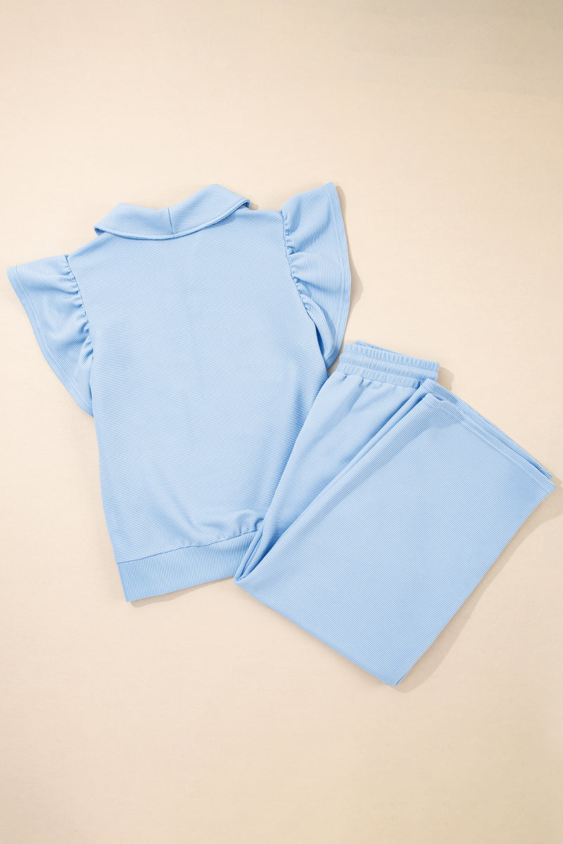 Solid Textured Ruffled Sleeve Zipped Top and Wide Leg Pants Set