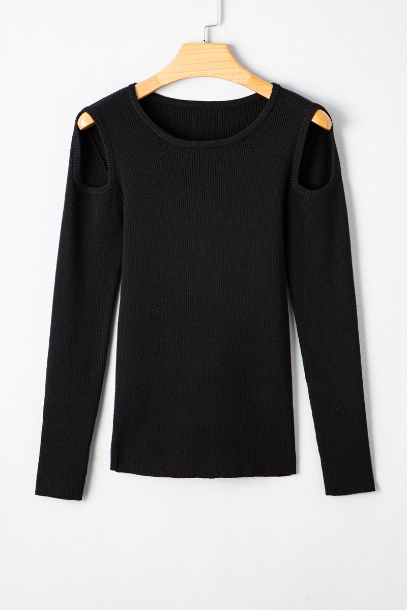 Ribbed Knit Cold Shoulder Sweater