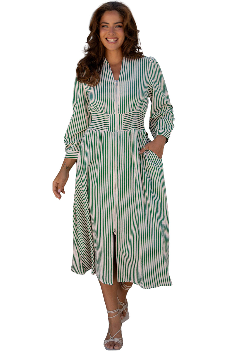 Stripe V Neck Zip Front Cinched High Waist Midi Dress