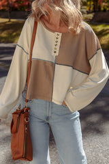 Color Block Waffle Knit Stitch Detail Long Sleeve Top