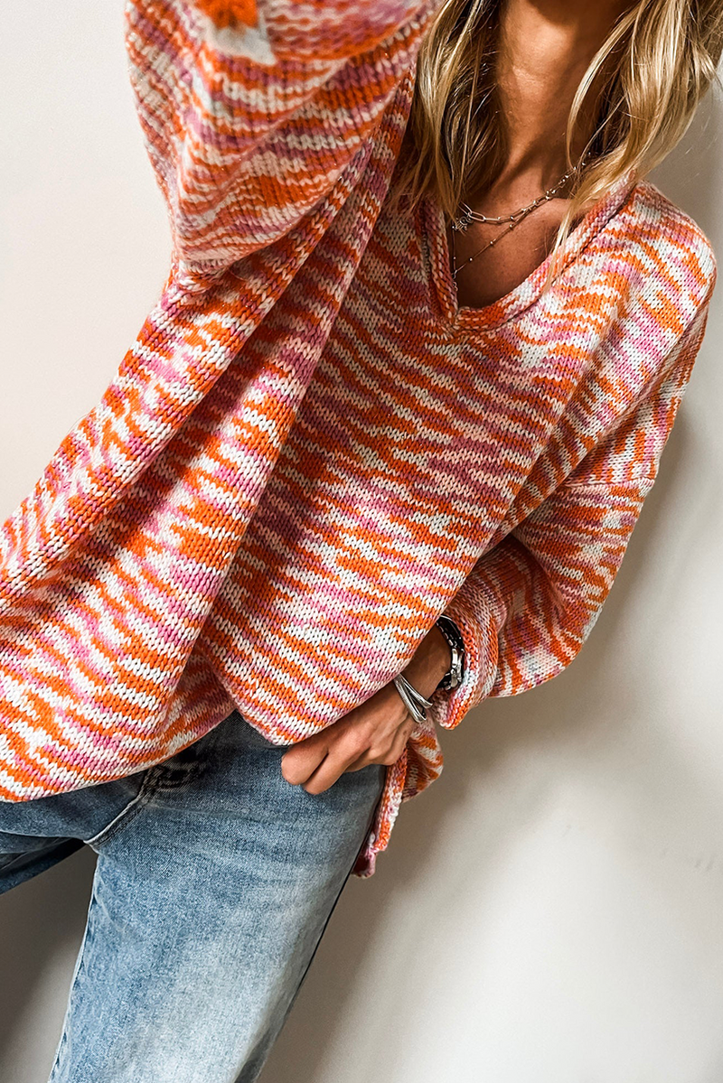 Vibrant Abstract Print Drop Shoulder V Neck Tunic Oversized Sweater
