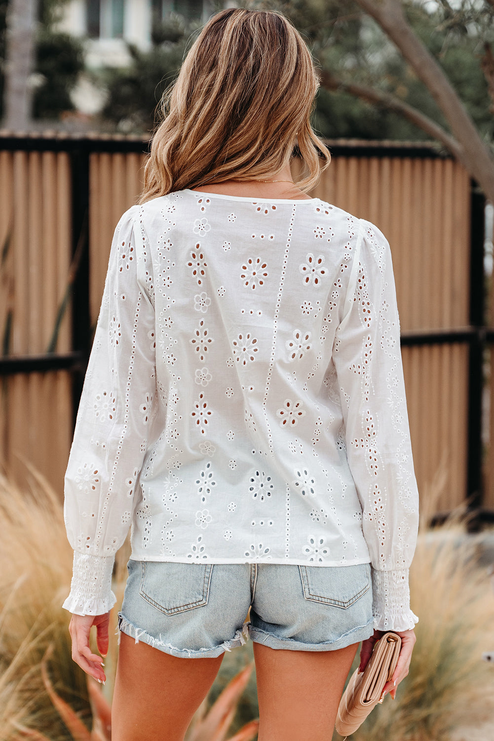 Eyelet Embroidered Smocked Cuff Sheer Blouse