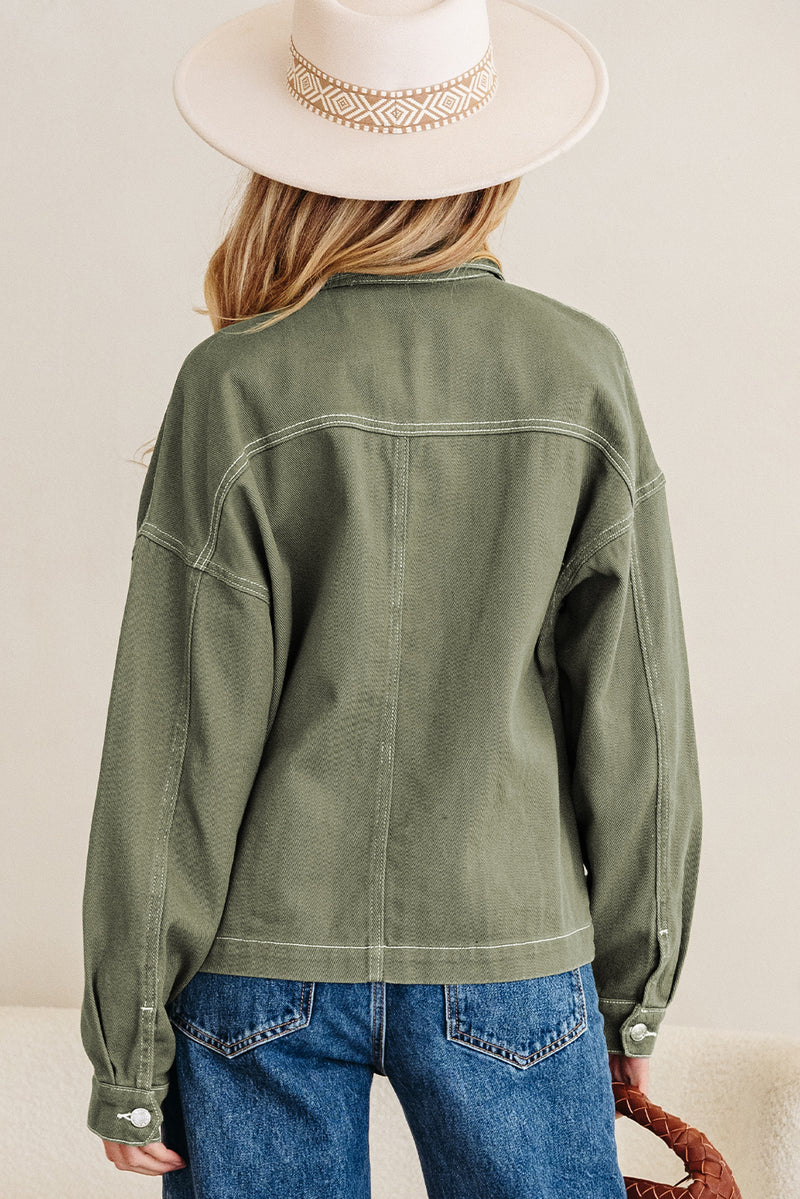 Moss Green Patched Pocket Collared Button Front Boyfriend Denim Jacket