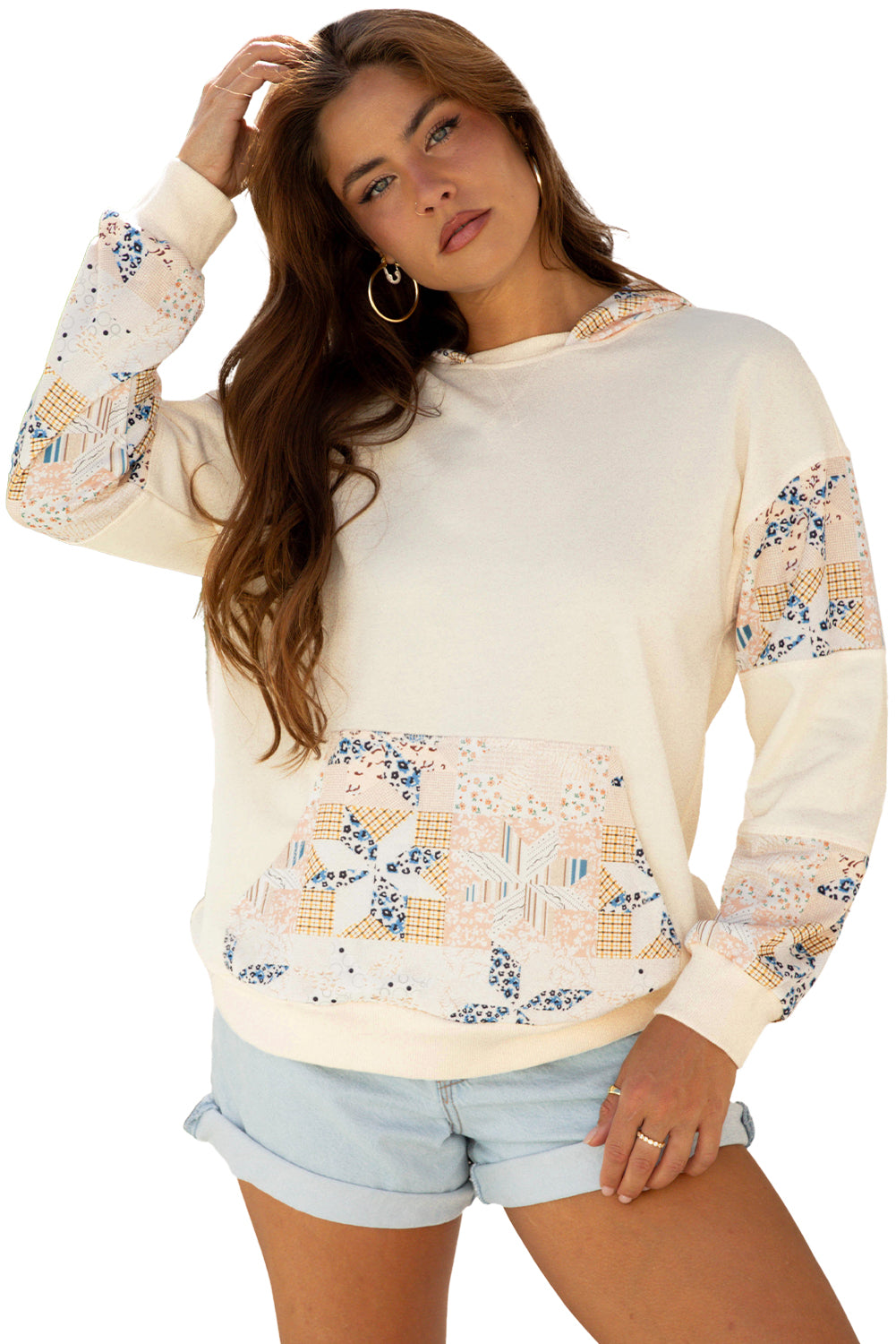 Western Geo Pattern Patchwork Hoodie with Kangaroo Pocket