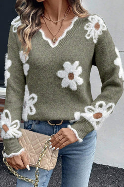 Plush Flower Pattern Scalloped Trim V Neck Sweater