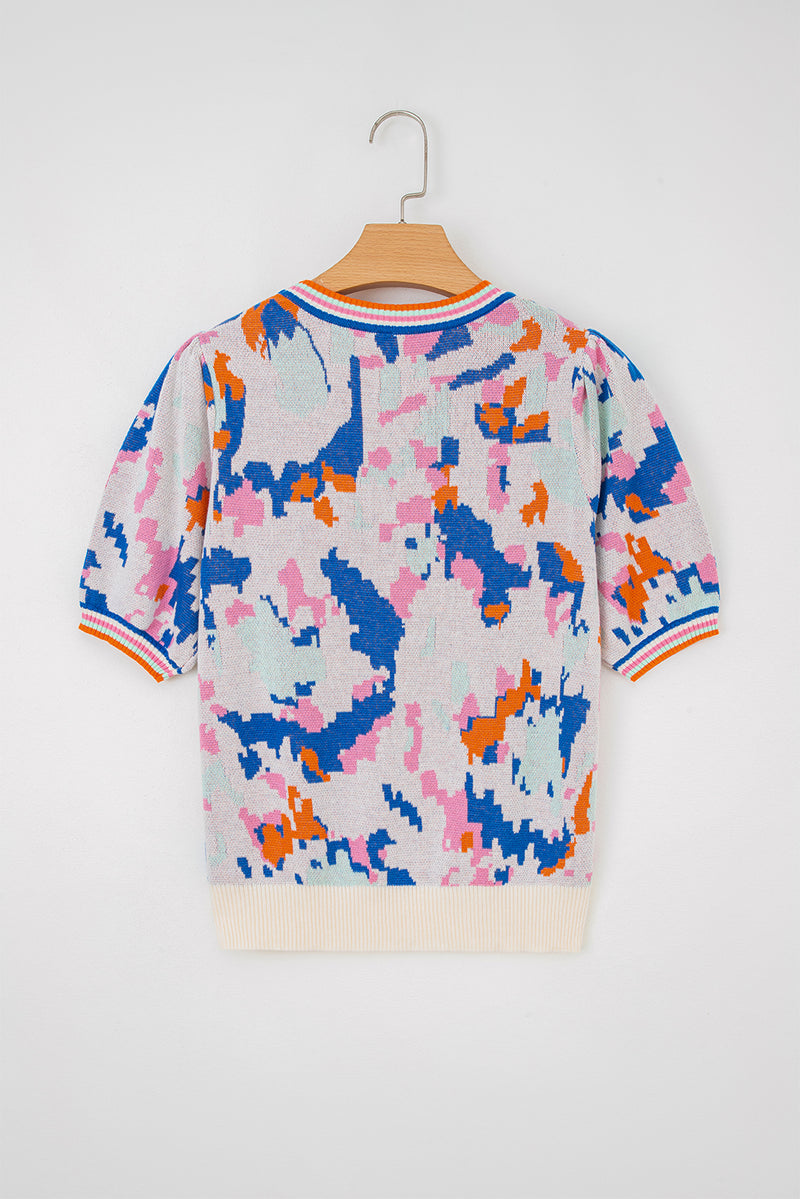 Multicolour Abstract Pattern Knit Contrast Striped Trim Short Sleeve Sweater