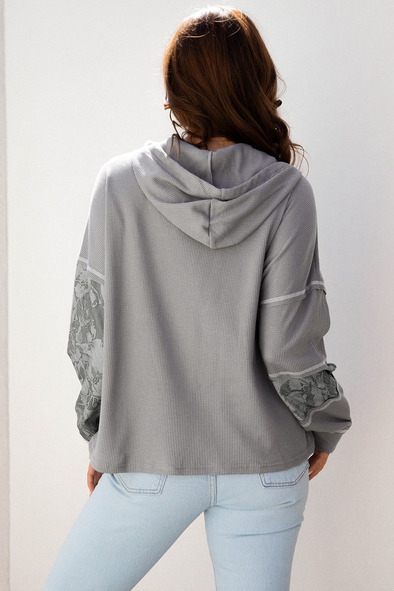 Waffle Printed Patchwork Drawstring Hooded Long Sleeve Top