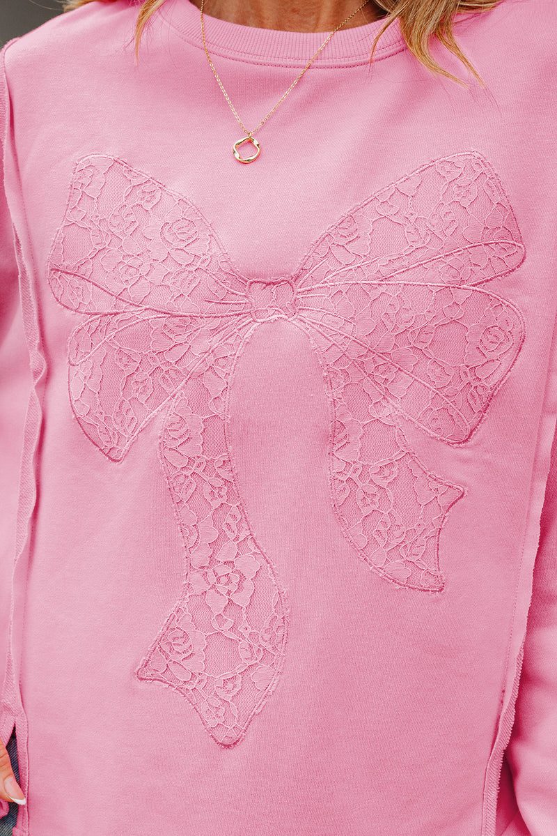 Lace Insert Bow Embroidered Exposed Seam Sweatshirt