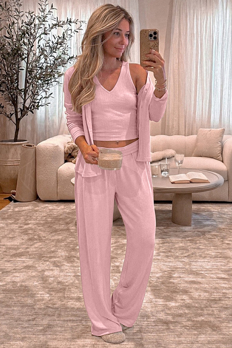 Buttoned Front Long Sleeve 3-Piece Cozy Knit Lounge Set