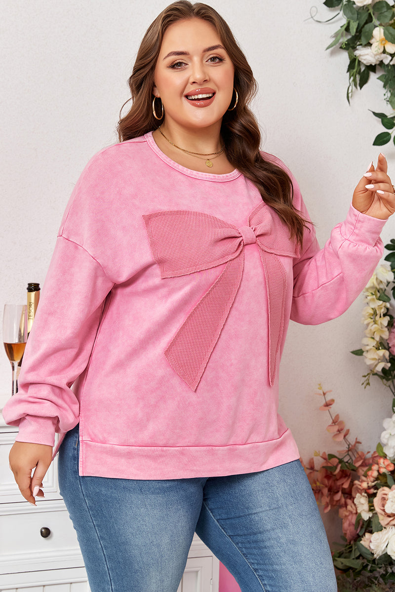 Bowknot Patchwork Graphic Mineral Wash Plus Size Sweatshirt