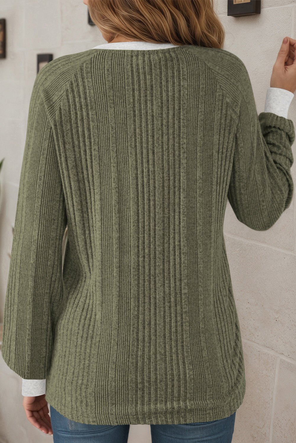 Ribbed Contrast Cuffed Round Neck Long Sleeve T Shirt