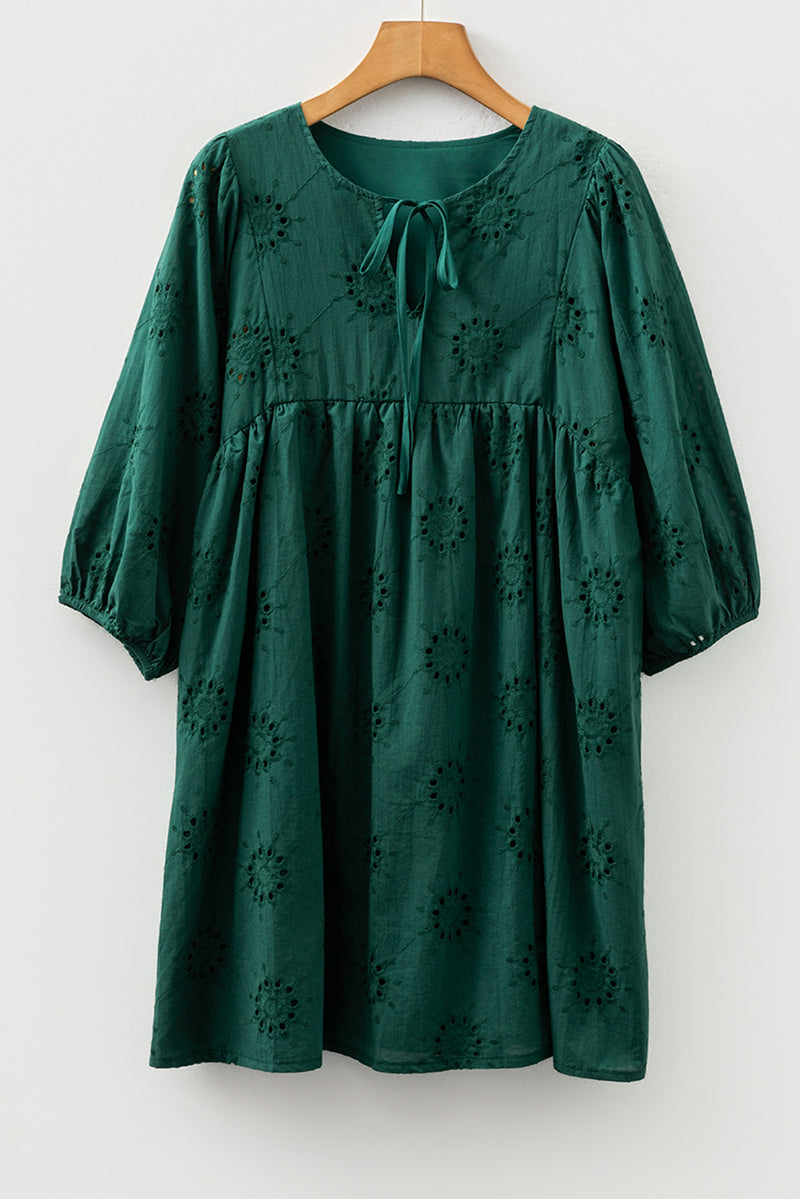 Embroidered Eyelet Pattern 3/4 Puffy Sleeve Swing Mini Dress