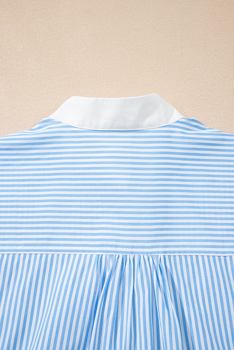 Sky Blue Stripe Contrast Collar Patchwork Hidden Button Short Sleeve Summer Shirt