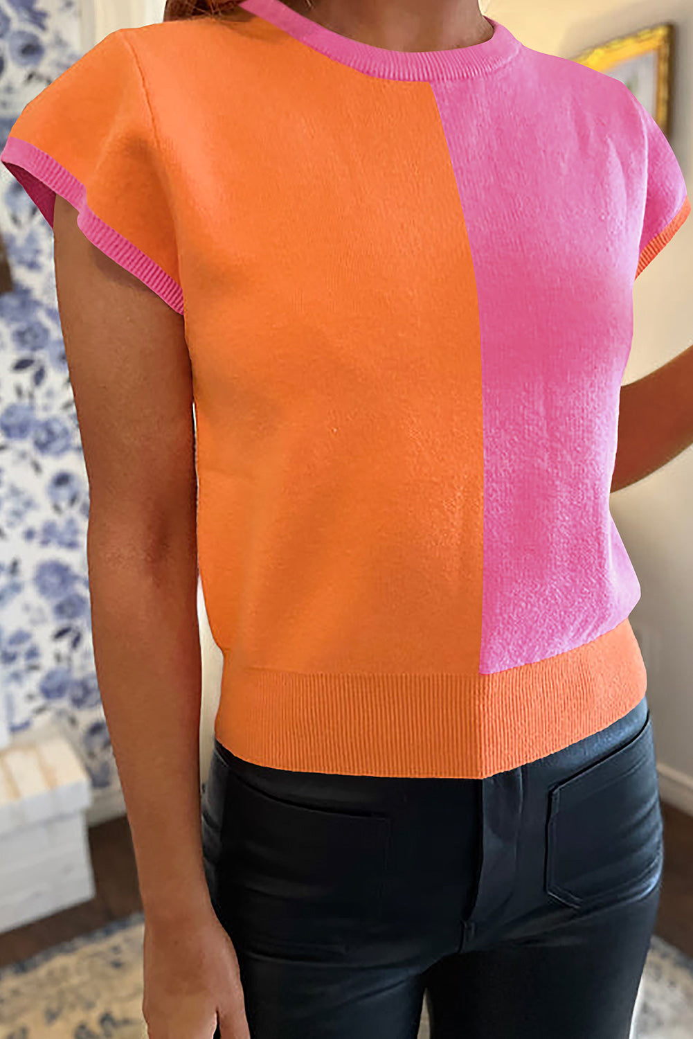 2-tone Color Block Knit Cap Sleeve Sweater Top