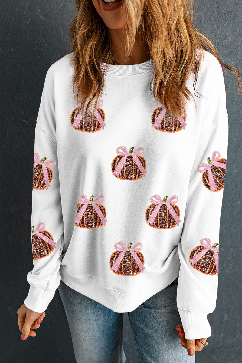 Sequin Bow Pumpkin Patched Cotton Baggy Sweatshirt