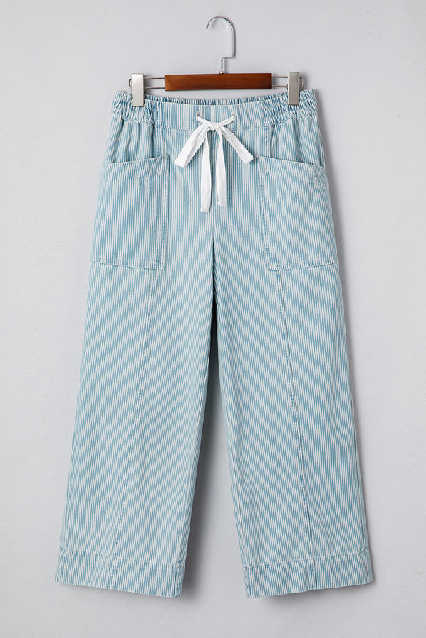 Stripe Mid Rise Drawstring Waist Jeans