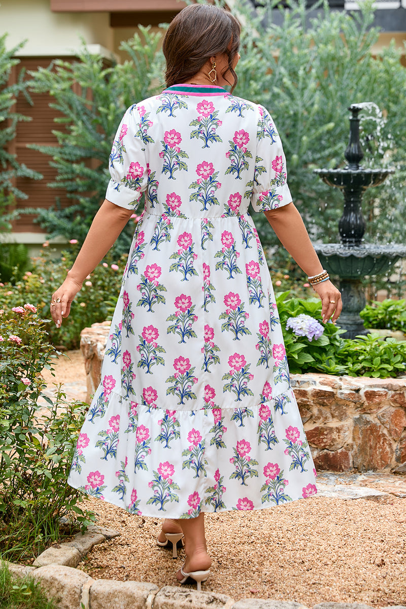 Allover Print Contrast Split Neckline Short Puff Sleeve Curvy Dress