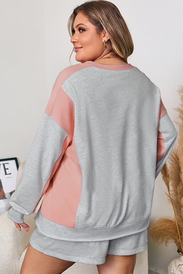 Uneven Hem Colorblock Pullover Casual Shorts Plus Size 2pcs Outfit