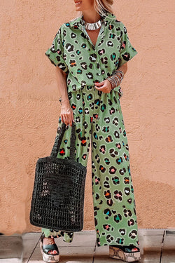 Leopard Print Short Sleeve Shirt and Wide Leg Pants Set