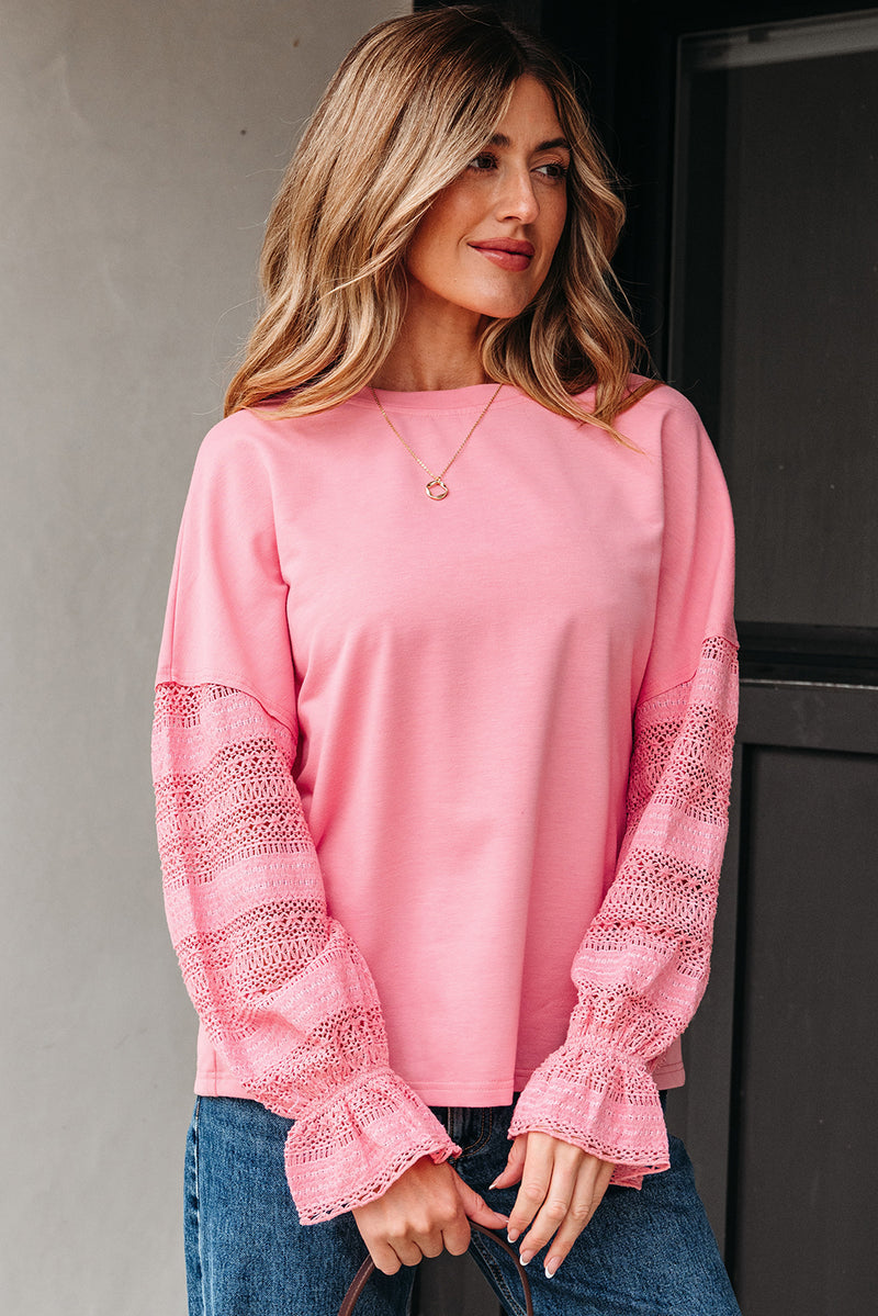 Drop Shoulder Lace Ruffled Sleeve Patchwork Loose Sweatshirt