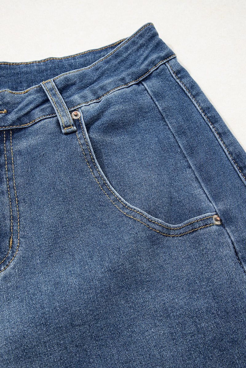 Stitched Raw Hem Wide Leg Loose Jeans