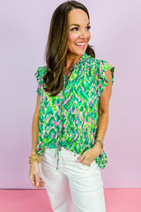 Abstract Print Ruffled Trim Tied Split Neck Tank Top