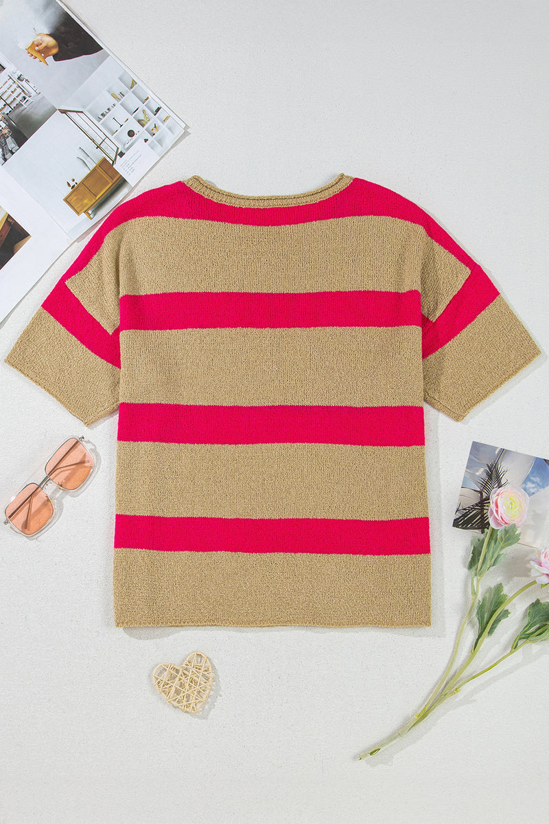 Bright Pink Stripe Colorblock Short Sleeve Crew Neck Lightweight Sweater