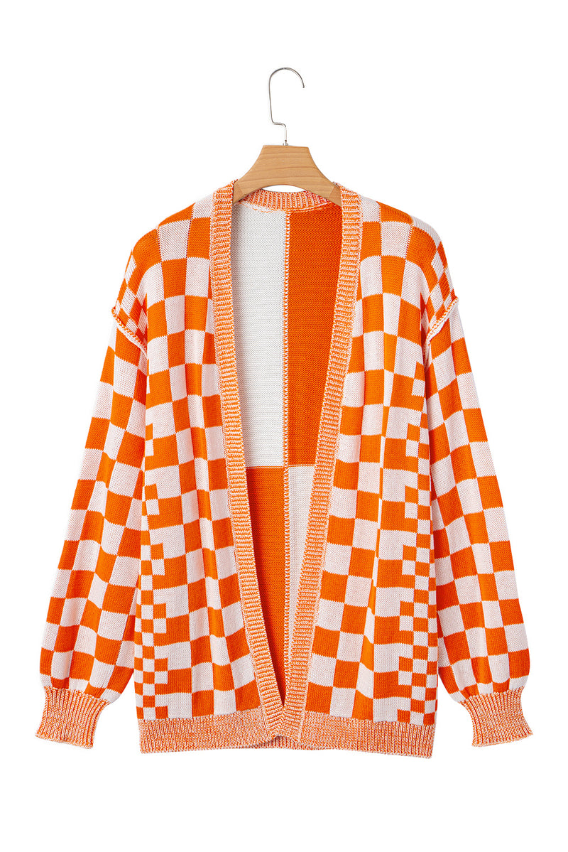 Checkered Open Front Drop Shoulder Cardigan