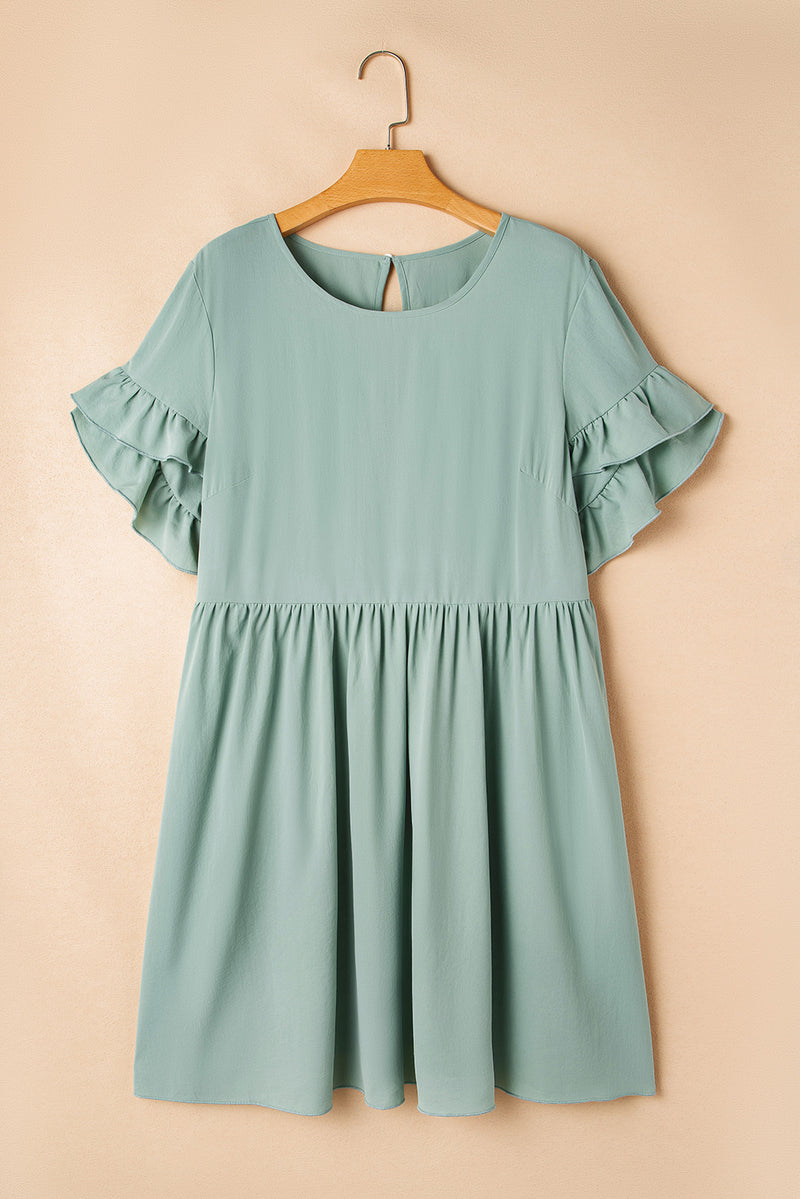 Ruffle Trim Short Sleeve Plus Size Flared Mini Dress