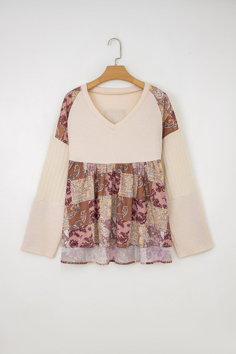 Paisley Ethnic Print Contrast Patchwork Long Sleeve Loose Top
