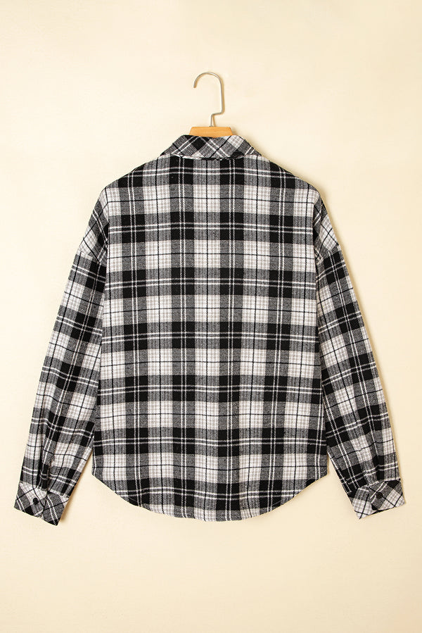 Black Plaid Print Chest Pockets Buttoned Shirt