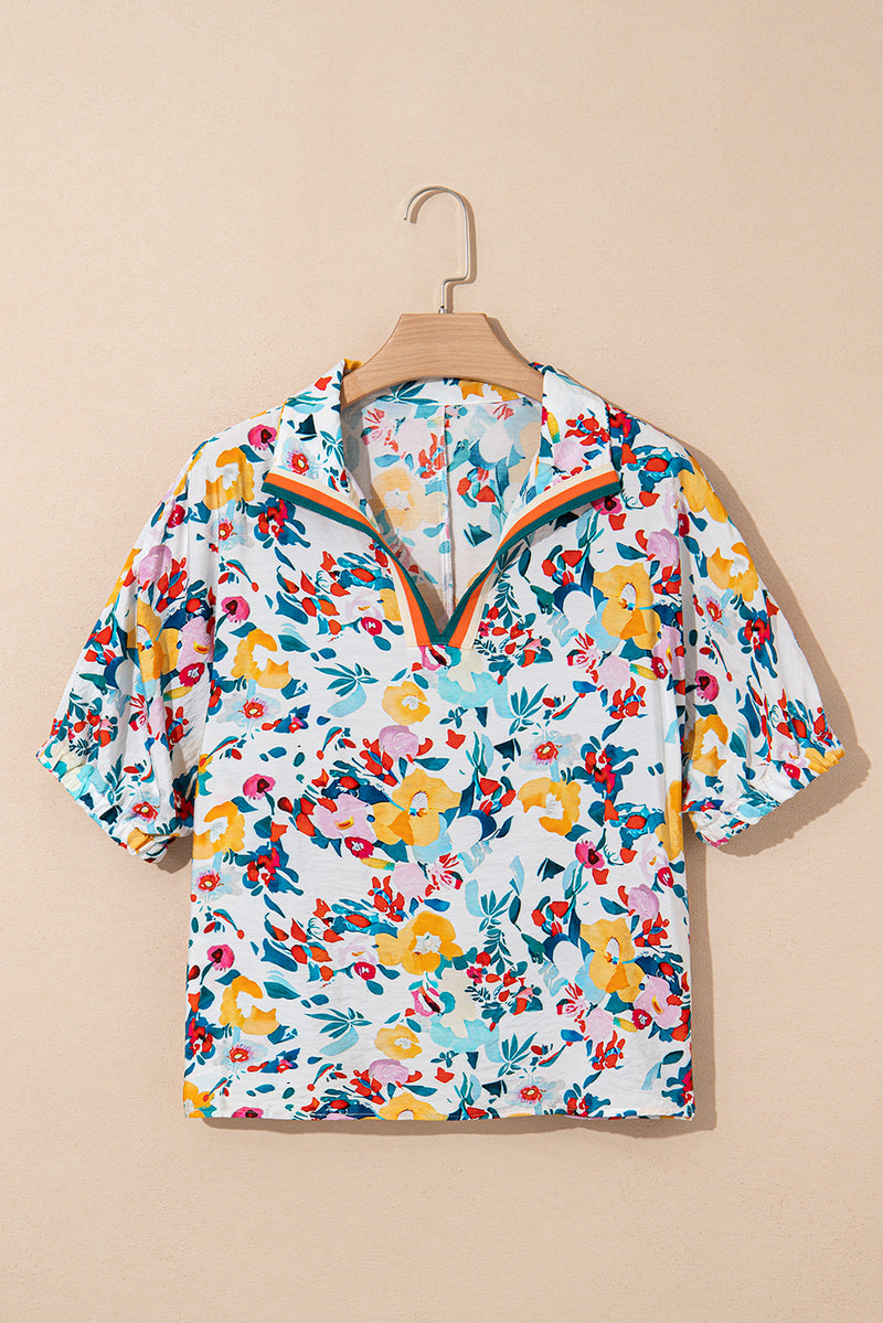 Floral Print Slit V Neck Short Sleeve Blouse