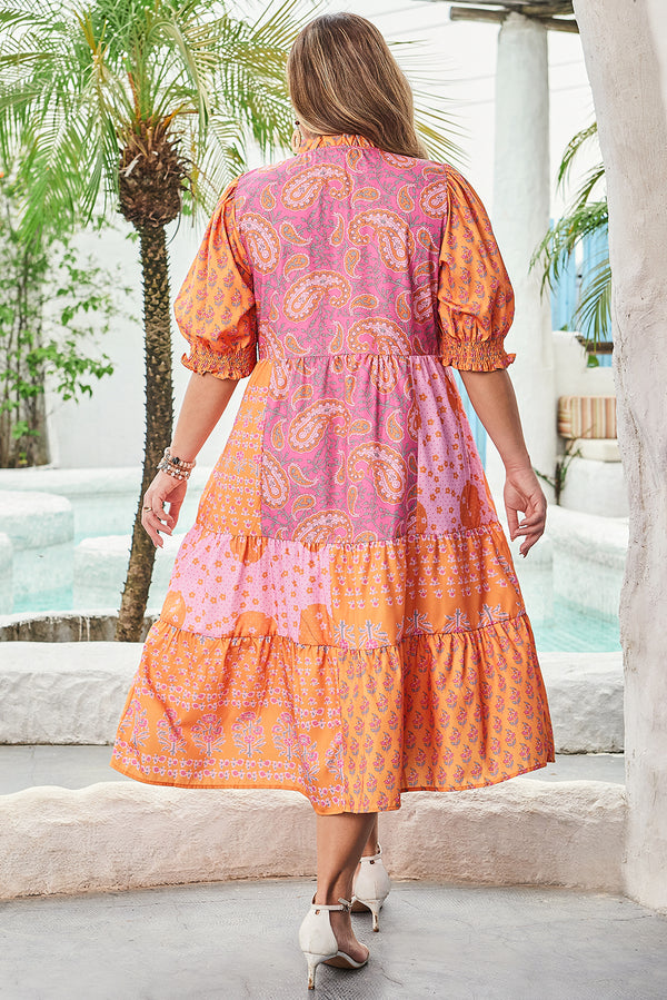 Boho Paisley Floral Mixed Patchwork Tassel Tie Plus Size Midi Dress