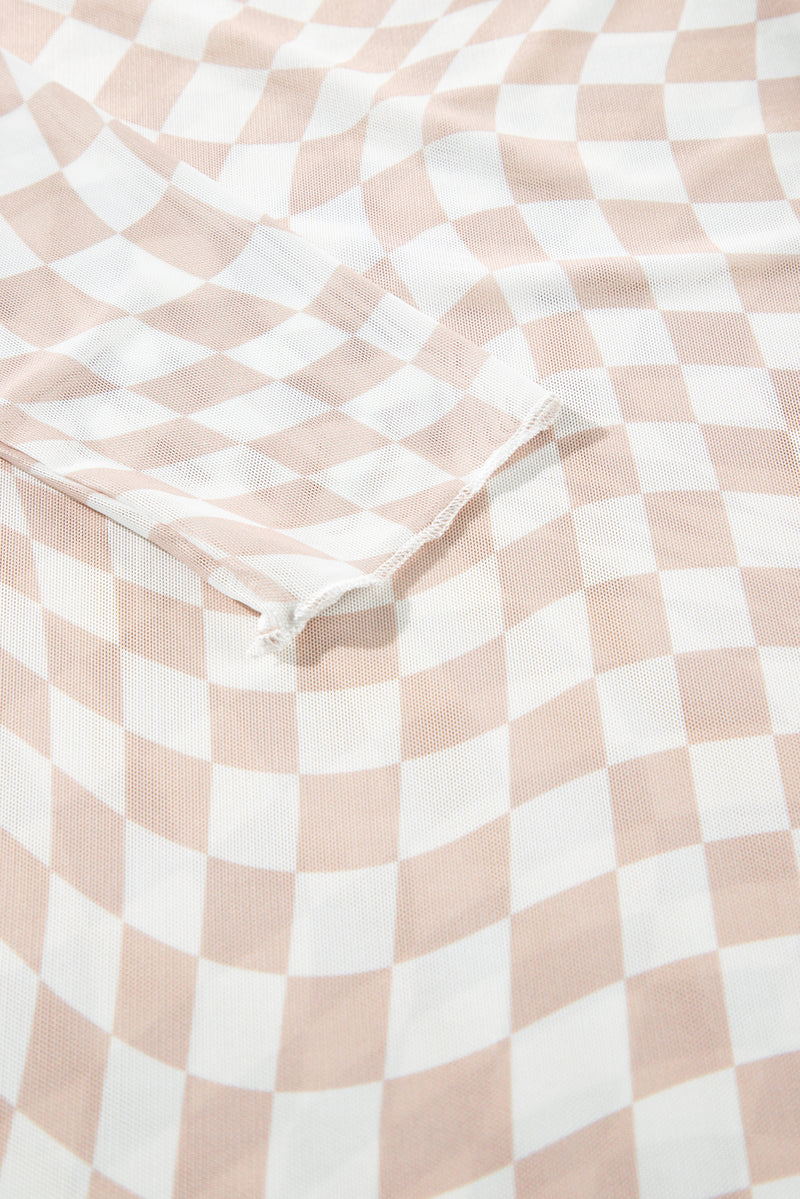 Checkered Pattern Mesh Mock Neck Long Sleeve Top