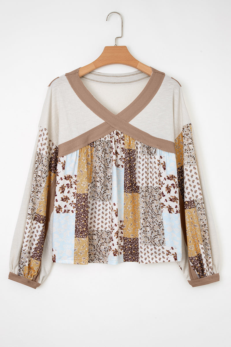 Multicolor Floral Printed Contrast Patchwork Long Sleeve Top
